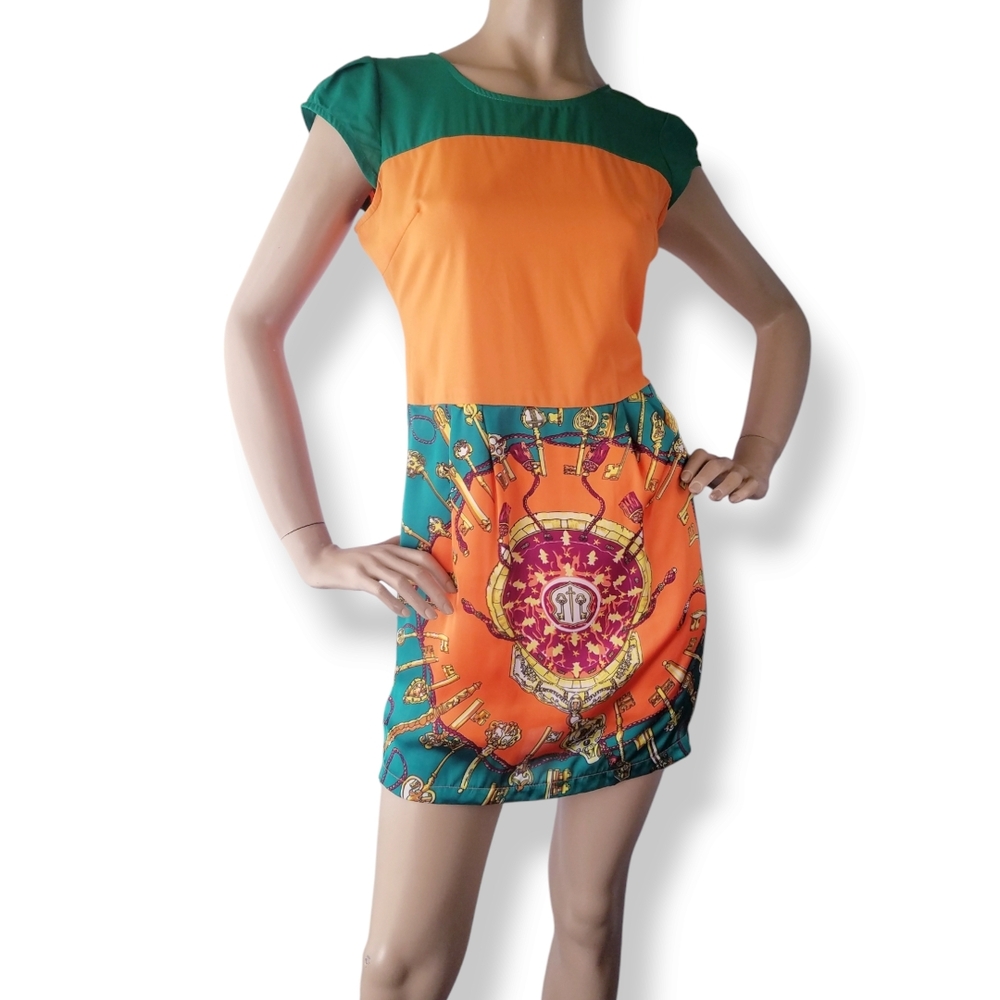 Farinelli Orange & Green Baroque Print Colorblock Dress Size Small